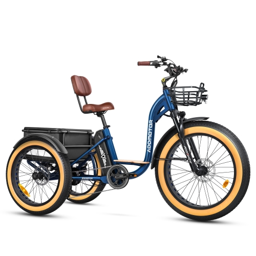 Addmotor - Grandtan Plus II 2024 with a front basket and rear rack, featuring wide tires and a blue frame. This model, known as the Addmotor - Grandtan Plus II 2024, is powered by a 750W rear motor.