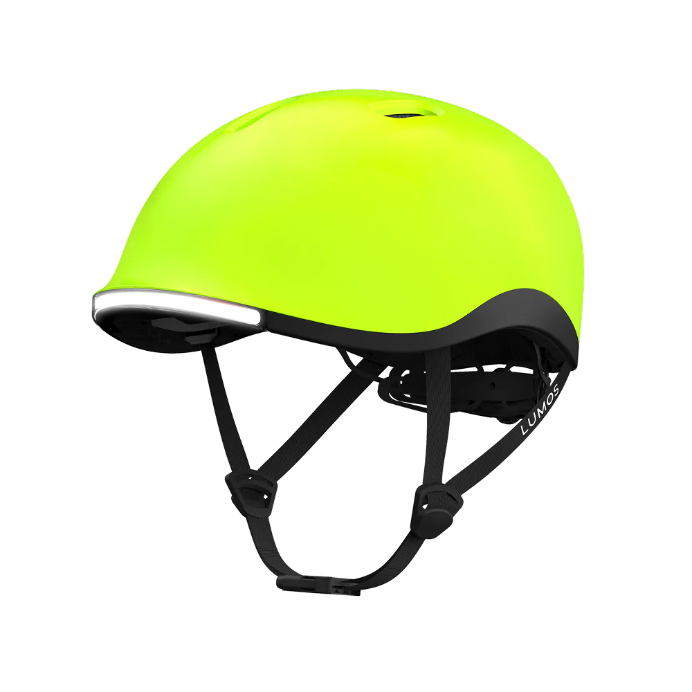 The Lumos NYXEL helmet is a bright yellow-green high-visibility helmet with black straps and a built-in front light, shown on a plain white background.
