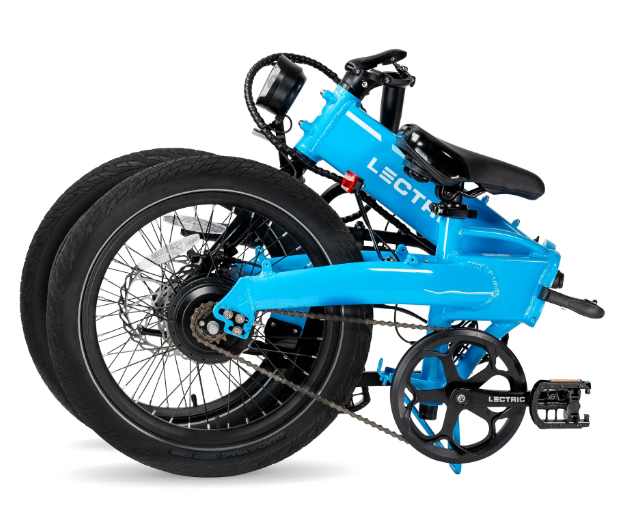 A folded blue Lectric - XP Lite 2.0 Long-Range eBike from Letric, showcasing its compact size and arrangement of wheels, pedals, and frame, with hydraulic brakes for enhanced safety.