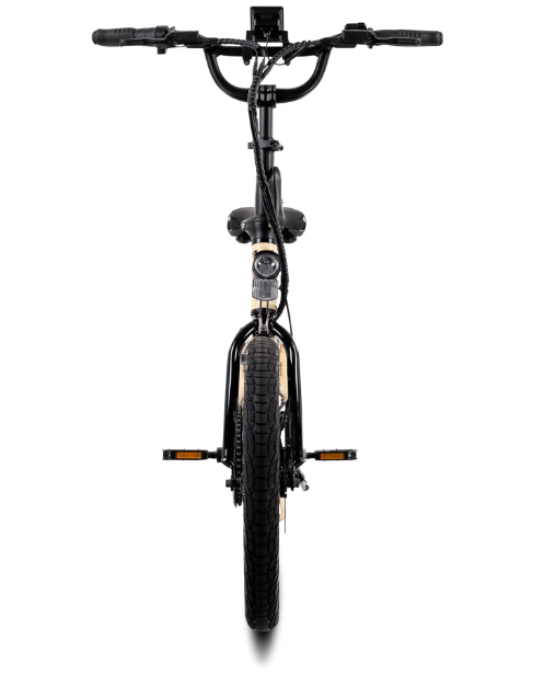 Front view of the Letric Lectric - XP Lite 2.0 Long-Range eBike, showcasing its black frame with thick tires, straight handlebars, and a visible front suspension fork. The eBike, equipped with powerful hydraulic brakes, is photographed against a white background.