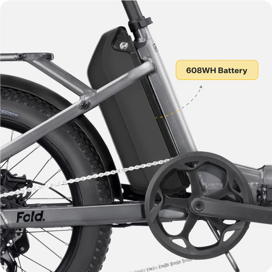 Close-up of the central part of a bicycle frame showing a Velotric Fold battery attached. The image highlights the battery's placement and the bike's gear system.