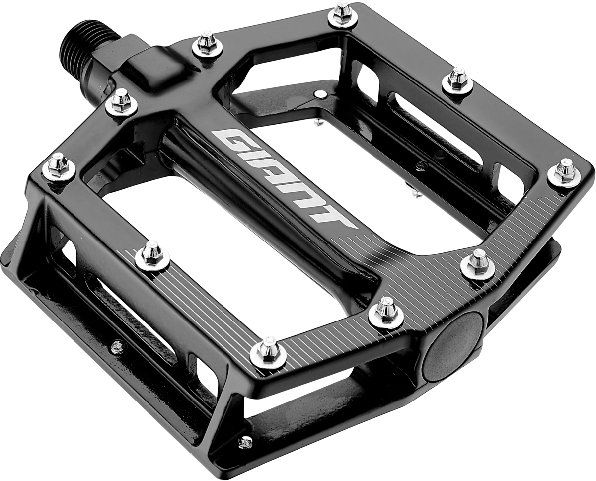 Black Giant platform pedal for a bicycle with the brand name "Giant" visible on the surface, featuring a stable platform and excellent grip.