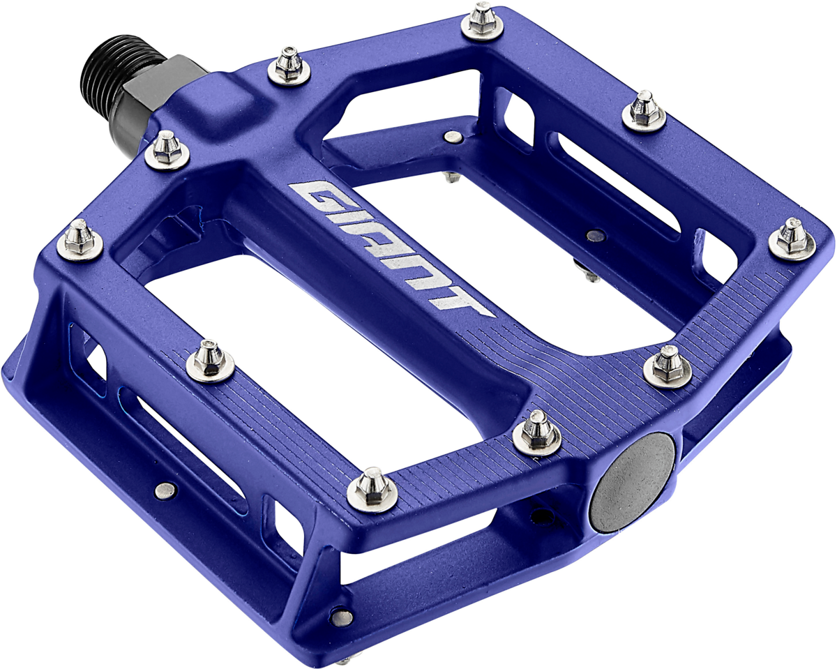 Blue flat platform pedal for a bicycle with scallop shape, pins, and Giant branding on it for enhanced grip.