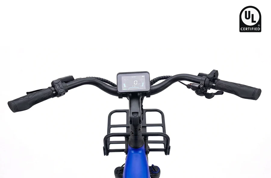 Rictor Glyde electric bike handlebars with a central digital display, a front rack, fat tires, and a UL Certified logo.