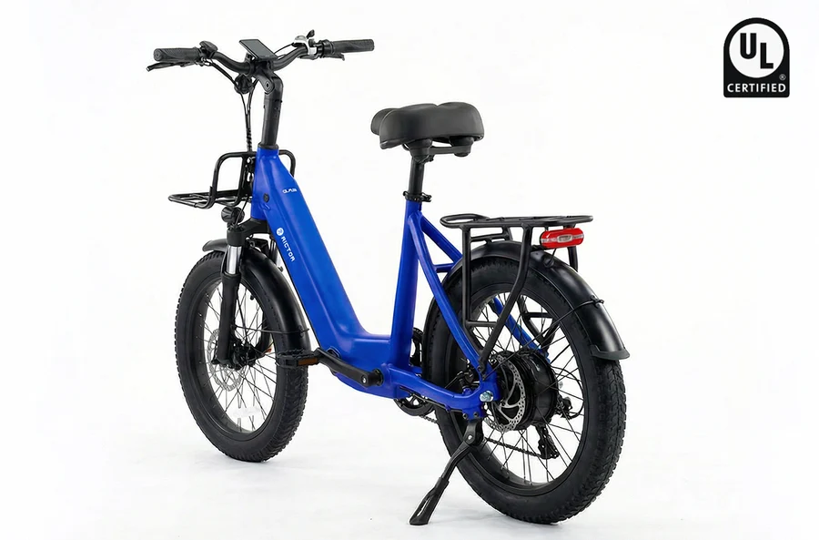 Blue Rictor - Glyde electric bike with fat tires, front and rear racks, mudguards, and a UL-certified badge.