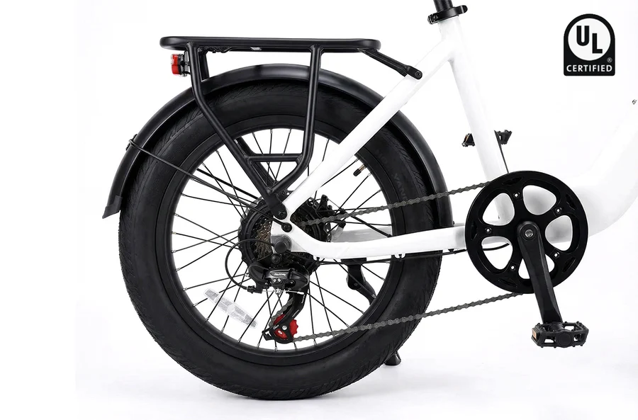 Close-up of a white Rictor - Glyde electric bike rear wheel, showing thick fat tires, a black rack, 750W motor drivetrain, and a UL Certified badge in the corner.