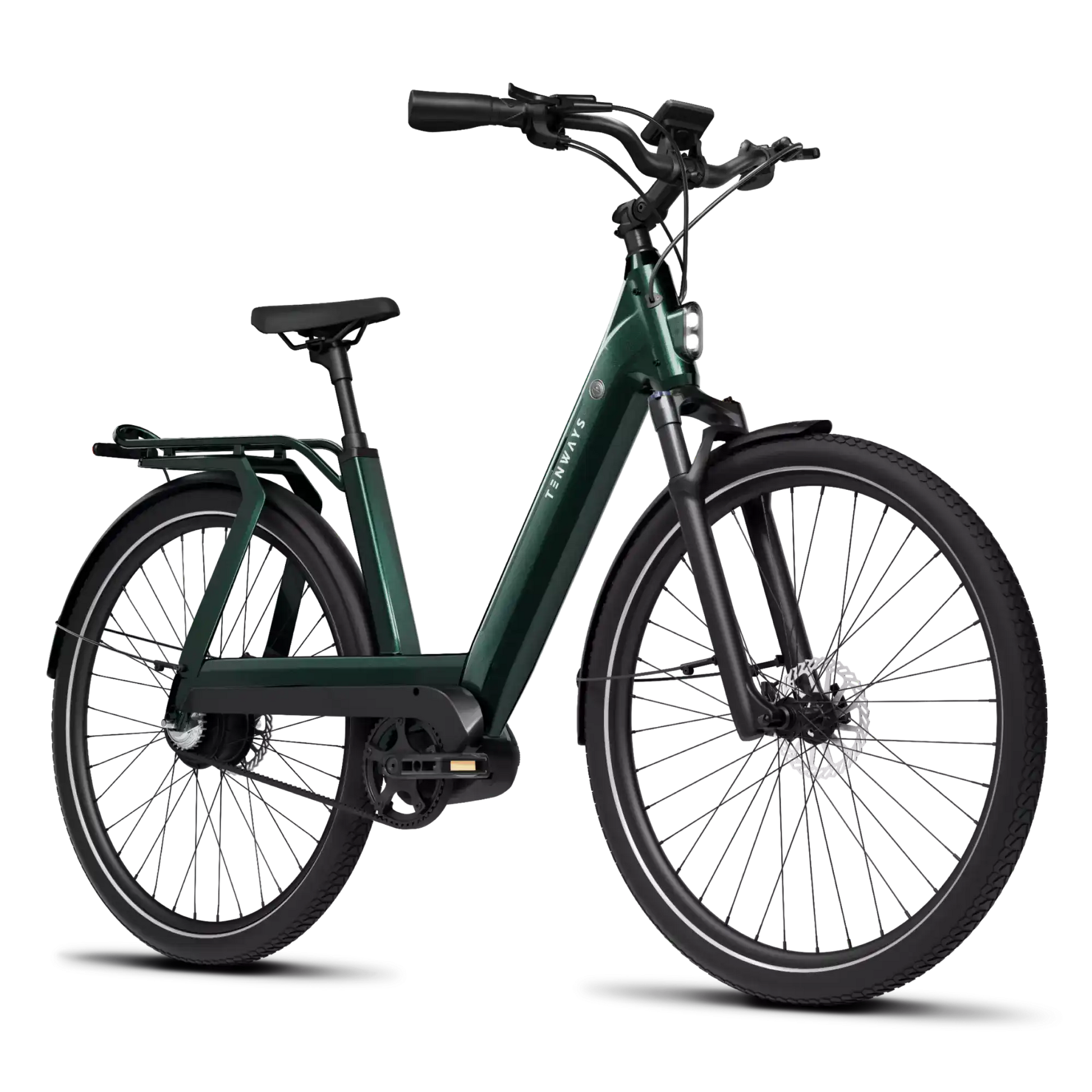 A dark green Tenways electric bicycle with a mid-drive motor, step-through frame, front suspension, and rear cargo rack, displayed against a black striped background.