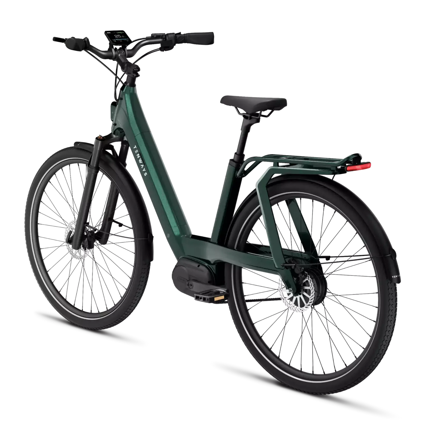 Tenways AGO T electric bicycle with a rear cargo rack, integrated battery in the frame, disc brakes, and a Gates Carbon Belt Drive, displayed against a black background.