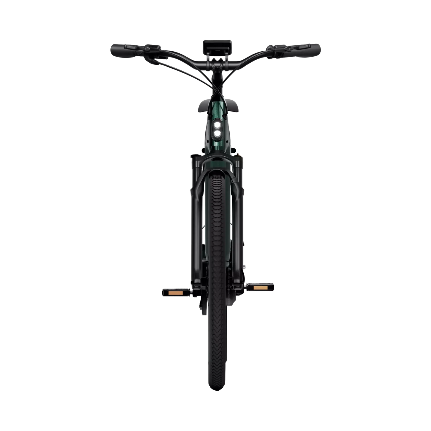 Front view of an TENWAYS AGO T electric scooter with a Gates Carbon Belt Drive, isolated on a black background, highlighting the handlebar and front wheel assembly.