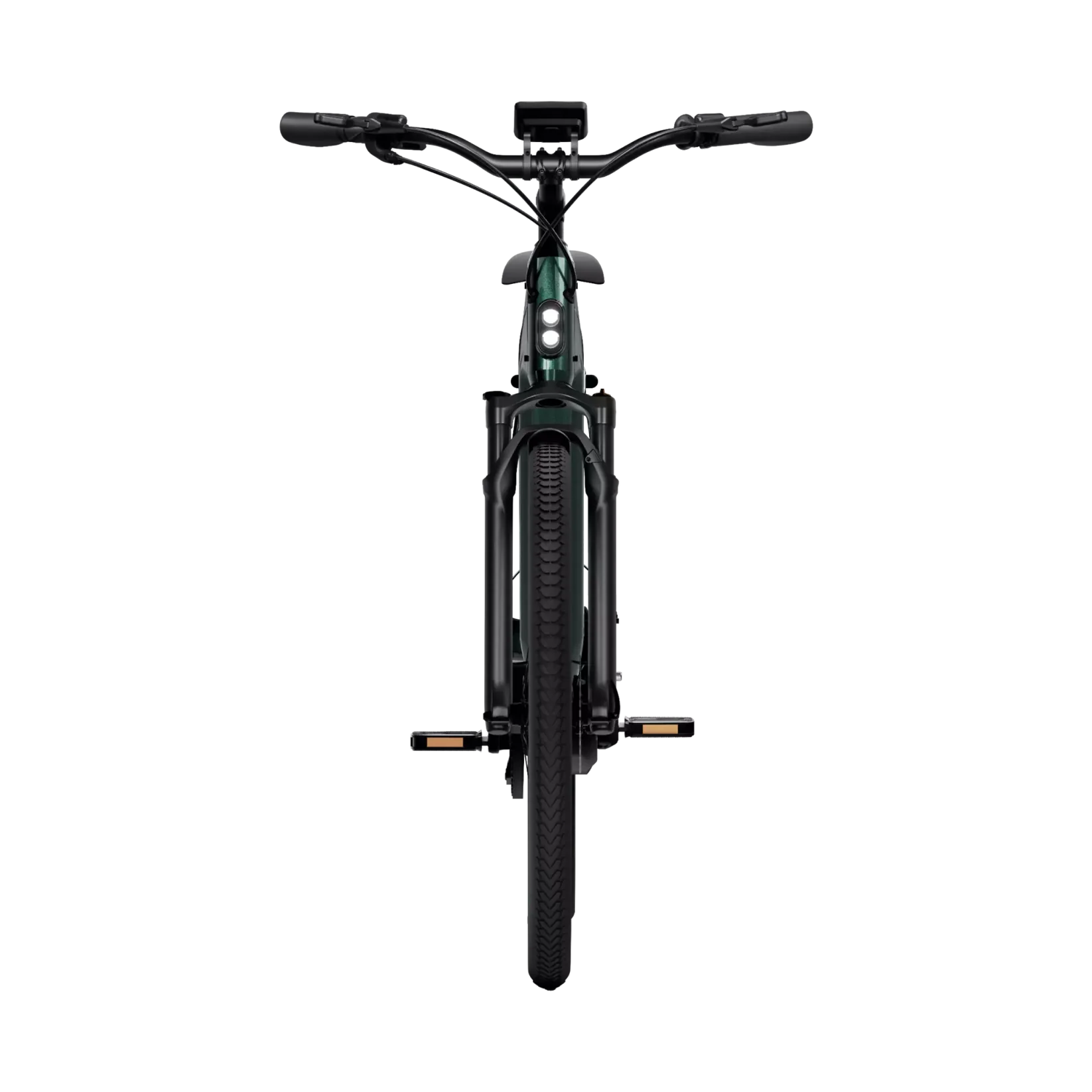 Front view of an TENWAYS AGO T electric scooter with a Gates Carbon Belt Drive, isolated on a black background, highlighting the handlebar and front wheel assembly.