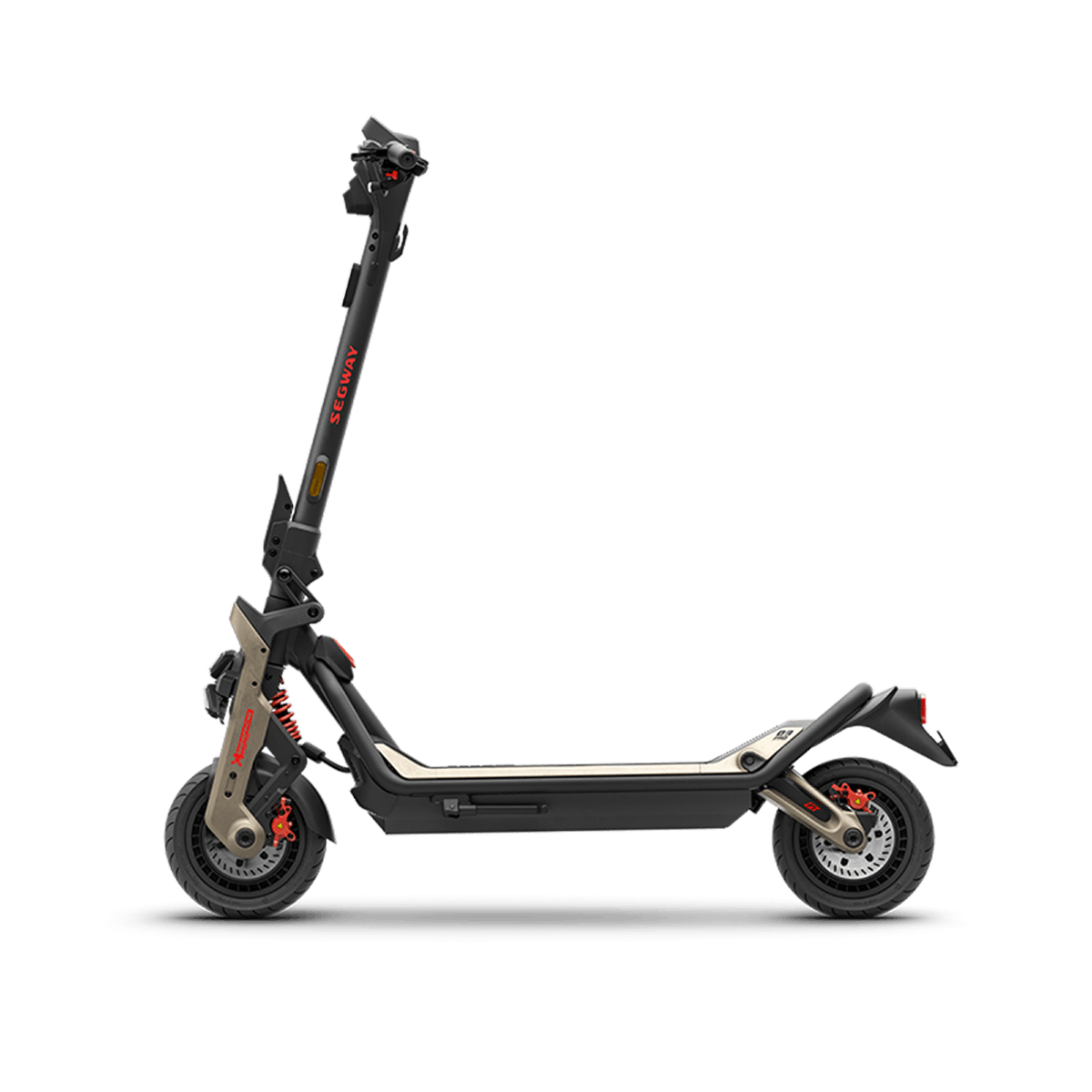 The Segway GT3 Pro Super Scooter by Segway is shown in profile on a plain white background, featuring a sturdy black and silver frame, large tires, red accents, and highlighting its long range as a high-performance electric scooter.