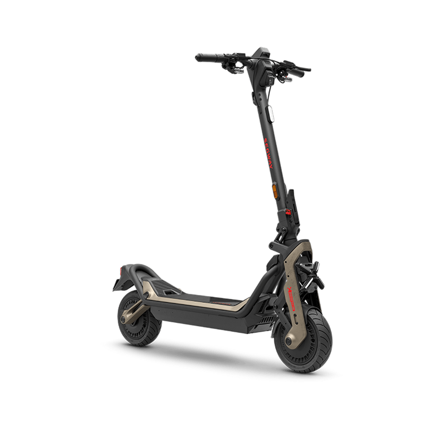 The Segway GT3 Pro Super Scooter by Segway, a modern black high-performance electric scooter with gold accents, wide deck, large wheels, and upright handlebars, is displayed on a plain white background.