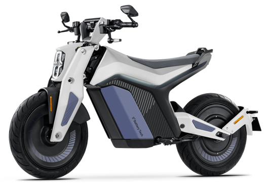 The Naxeon - I AM, a futuristic, two-wheeled electric motorcycle with a sleek design featuring large tires, an ergonomic seat, and modern aesthetics, redefines high-performance urban mobility.