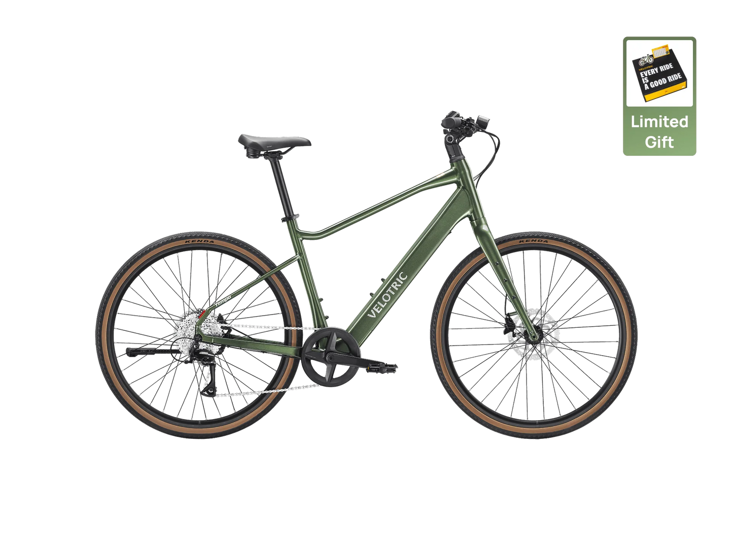 A green Velotric Tempo electric bike by Velotric, shown in profile with brown and black tires, features torque-sensing technology; a “Limited Gift” icon with a gift card appears in the top right corner.