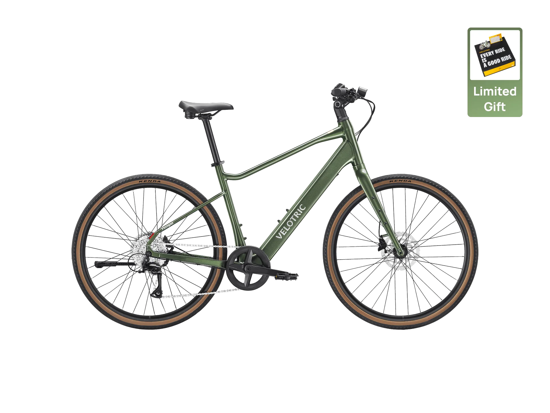 A green Velotric Tempo electric bike by Velotric, shown in profile with brown and black tires, features torque-sensing technology; a “Limited Gift” icon with a gift card appears in the top right corner.