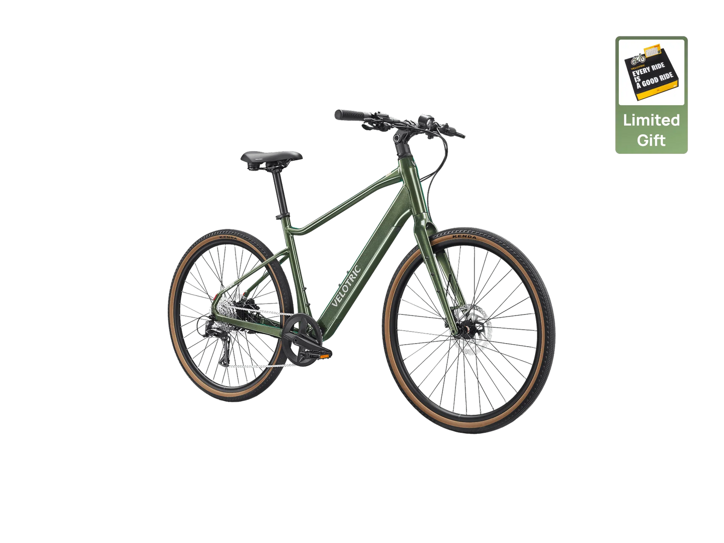 The Velotric Tempo electric bike is shown in green with brown tires on a white background. A "Limited Gift" badge offers a $100 gift card. Enjoy lightweight city rides and advanced torque-sensing tech from Velotric.