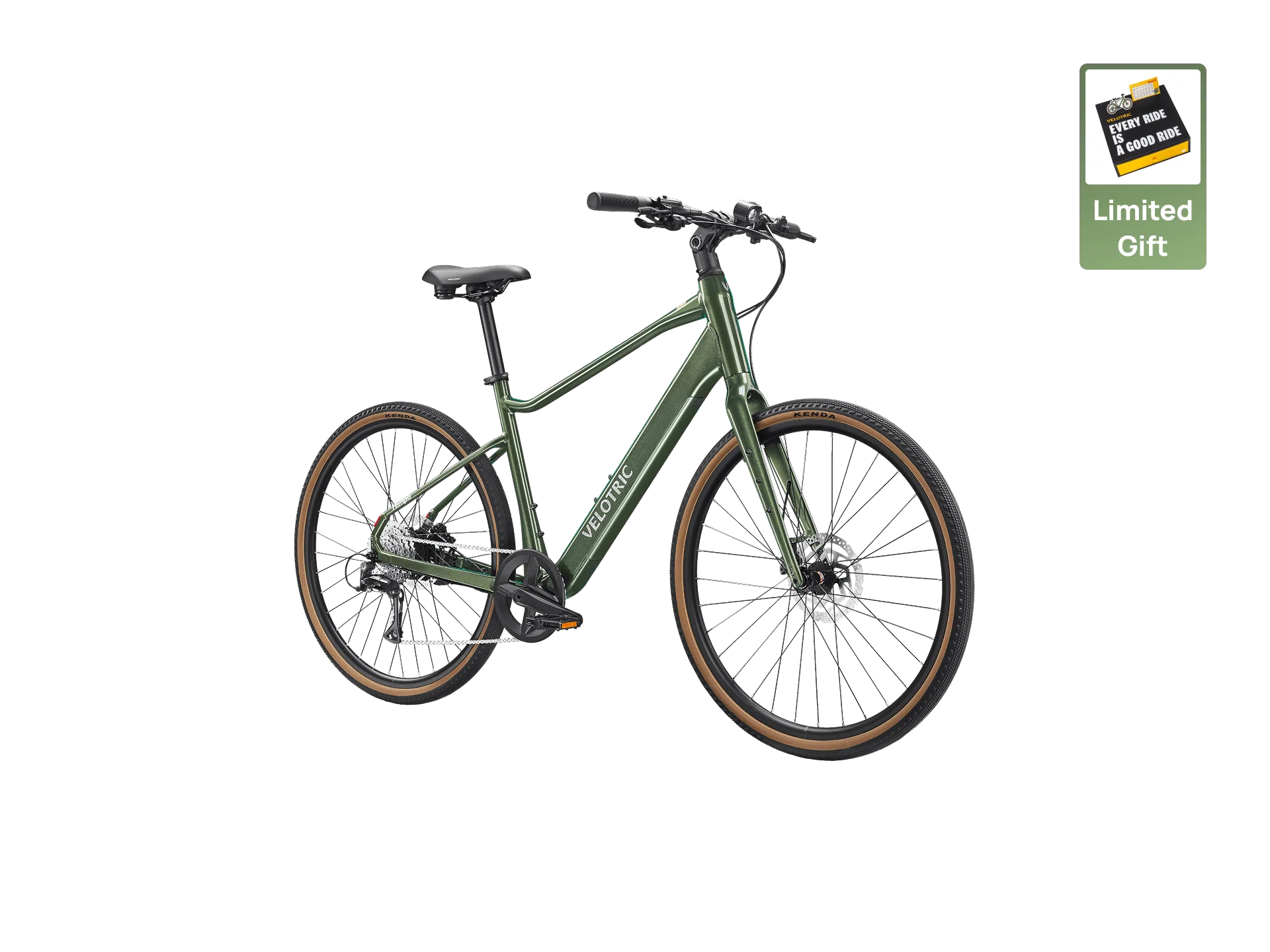 The Velotric Tempo electric bike is shown in green with brown tires on a white background. A "Limited Gift" badge offers a $100 gift card. Enjoy lightweight city rides and advanced torque-sensing tech from Velotric.