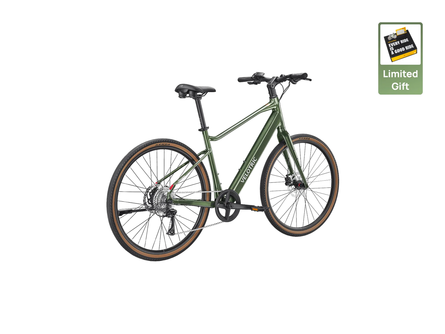 The Velotric Tempo hybrid e-bike in green features disc brakes, brown tire edges, and torque-sensing technology. Seen at an angle, it displays a "Limited Gift" badge in the top right corner. Brand: Velotric.