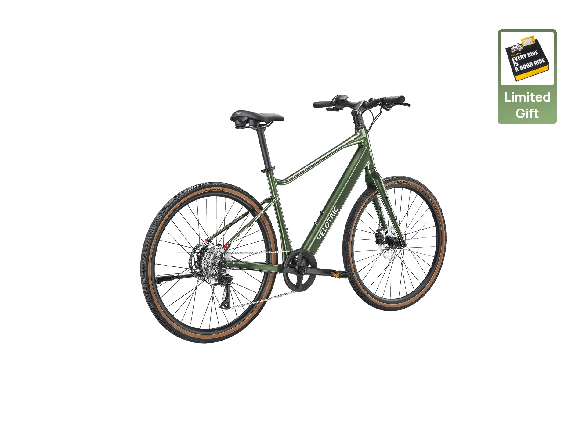 The Velotric Tempo electric bike by Velotric is shown in green with torque-sensing tech, disc brakes, and brown-edged tires on a white background. A "Limited Gift" card icon is displayed in the top-right corner.