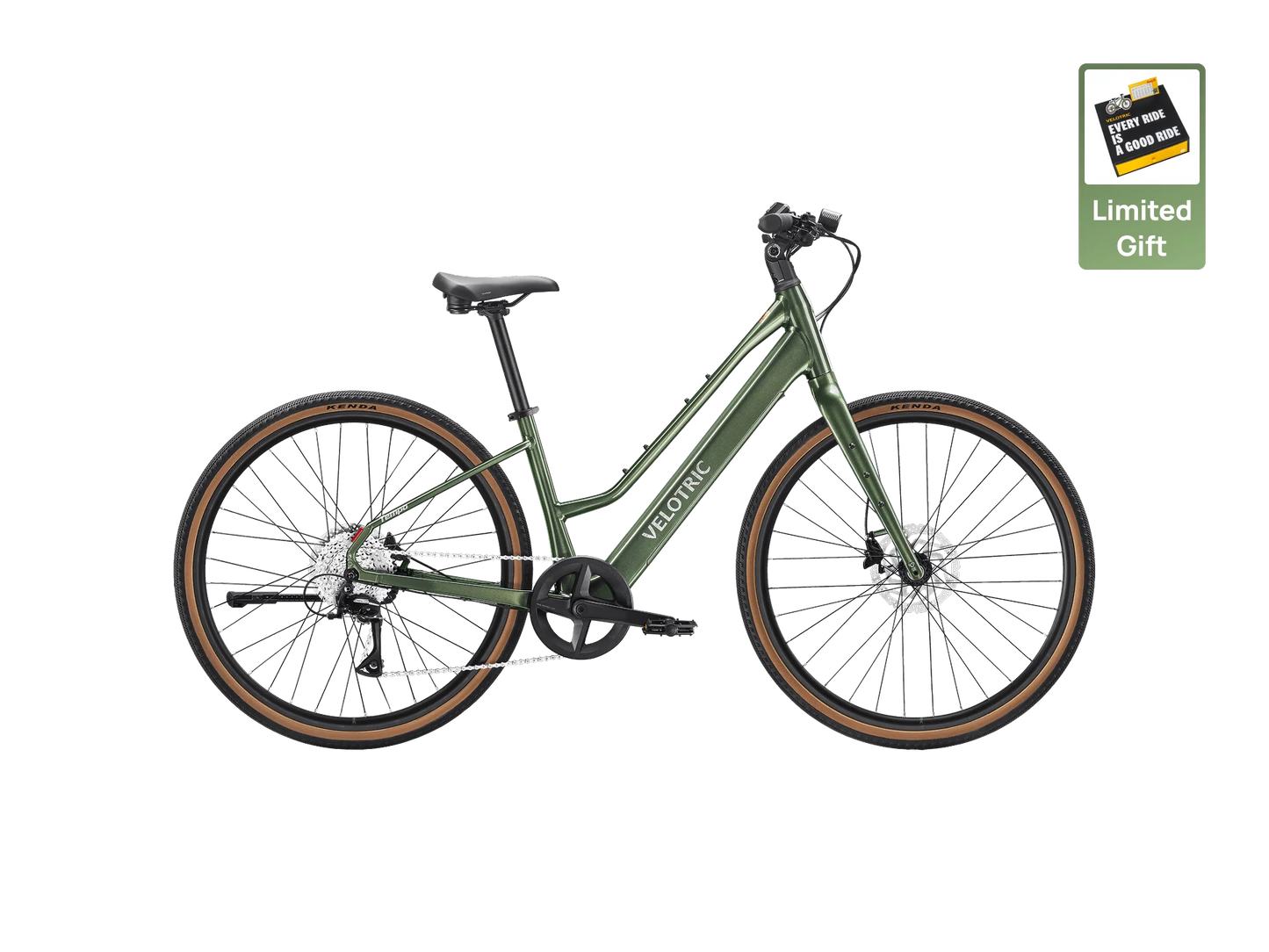 The Velotric Tempo, a green step-through electric bike with brown tires, is displayed on a white background. A "Limited Gift" icon at the top right emphasizes this stylish and comfortable lightweight city eBike by Velotric.