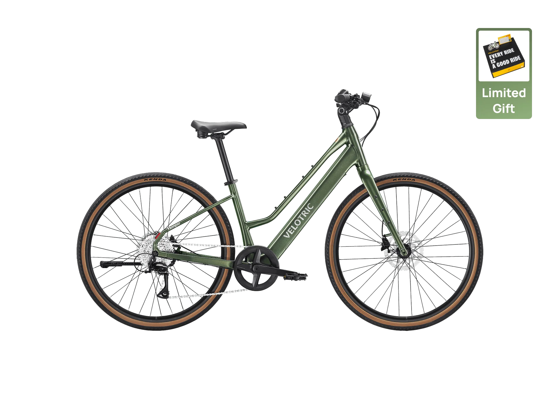 The Velotric Tempo, a green step-through electric bike with brown tires, is displayed on a white background. A "Limited Gift" icon at the top right emphasizes this stylish and comfortable lightweight city eBike by Velotric.