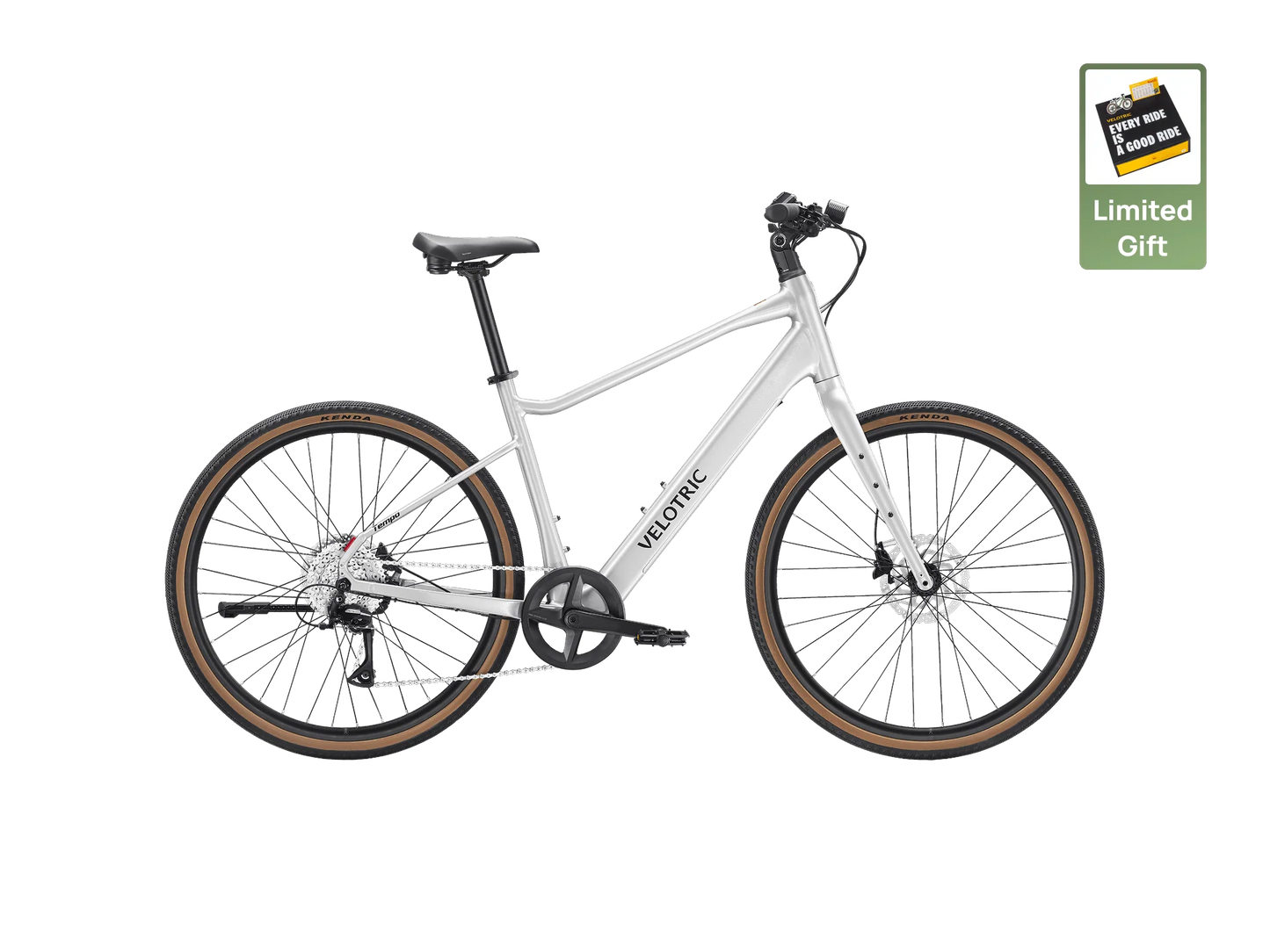 The Velotric Tempo electric bike by Velotric is shown in profile with brown tires on a white background, featuring a "Limited Gift" card image in the top right corner.