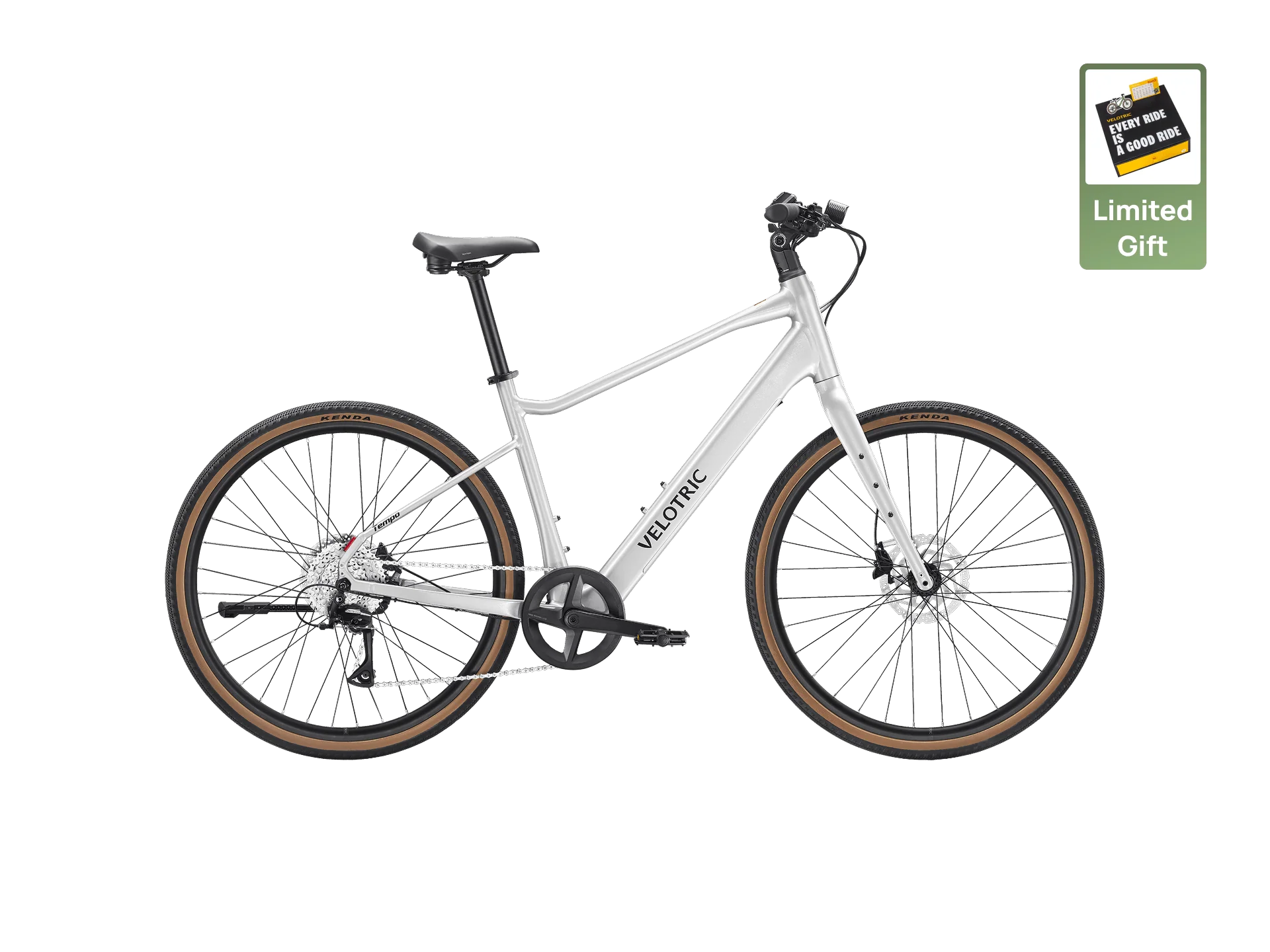 The Velotric Tempo electric bike by Velotric is shown in profile with brown tires on a white background, featuring a "Limited Gift" card image in the top right corner.