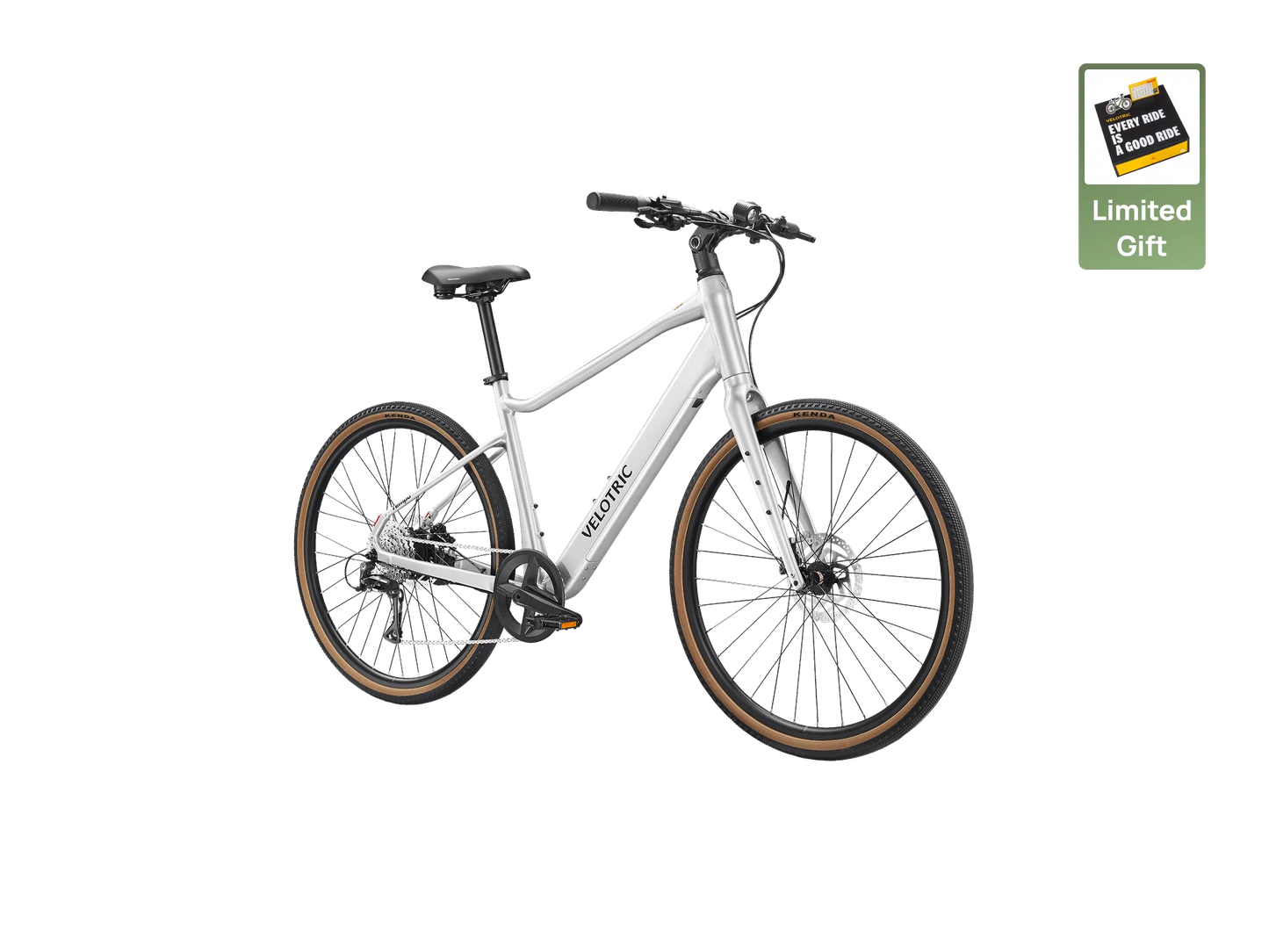 The Velotric Tempo electric bike features brown-trimmed tires and is shown on a white background; a “Limited Gift” badge in the top right corner displays a $100 gift card. Enjoy smooth rides with advanced torque-sensing technology from Velotric.