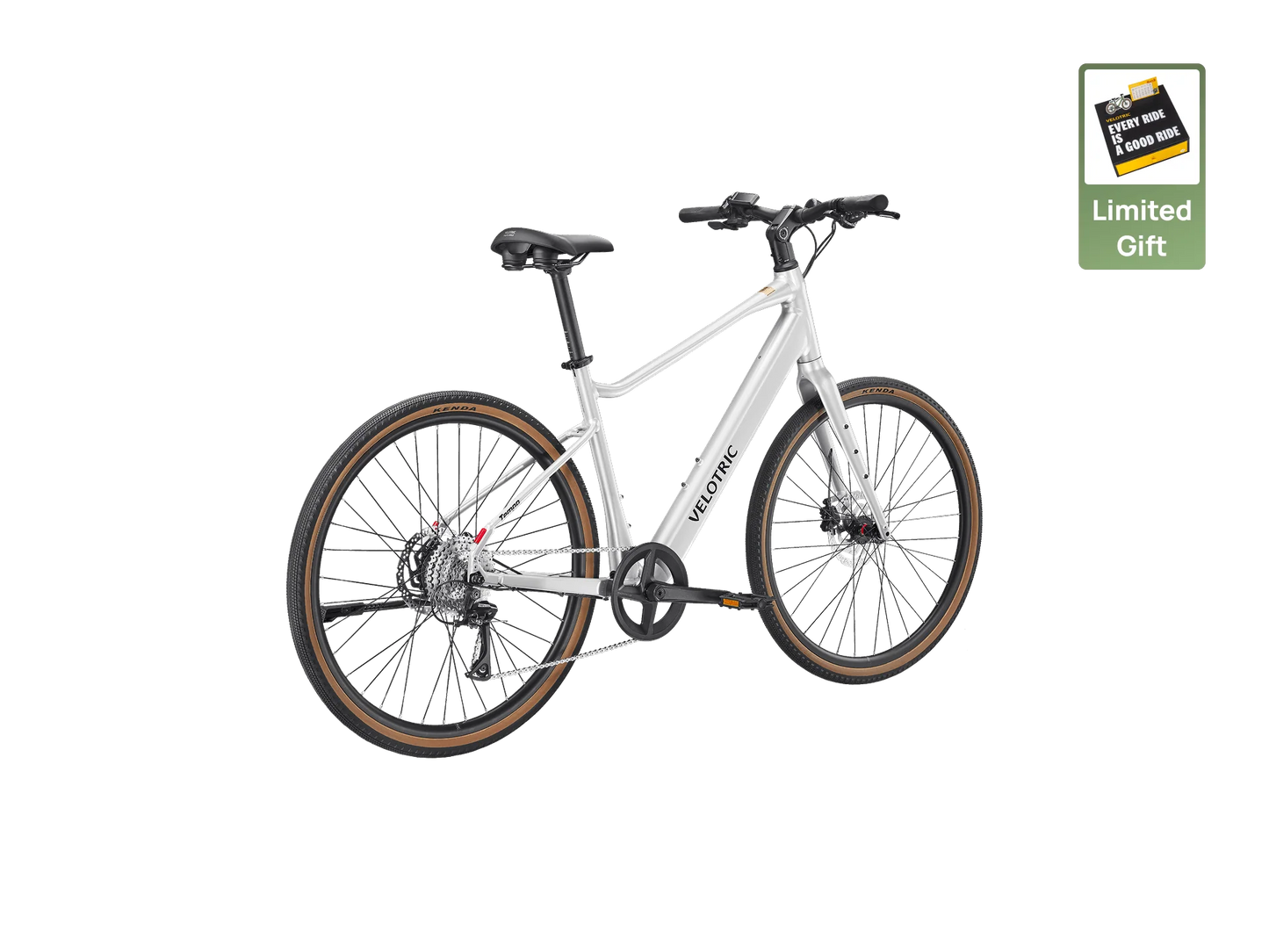 A white Velotric Tempo hybrid eBike by Velotric with brown tires, disc brakes, and rear derailleur is shown on a white background. A free limited gift icon appears in the corner.