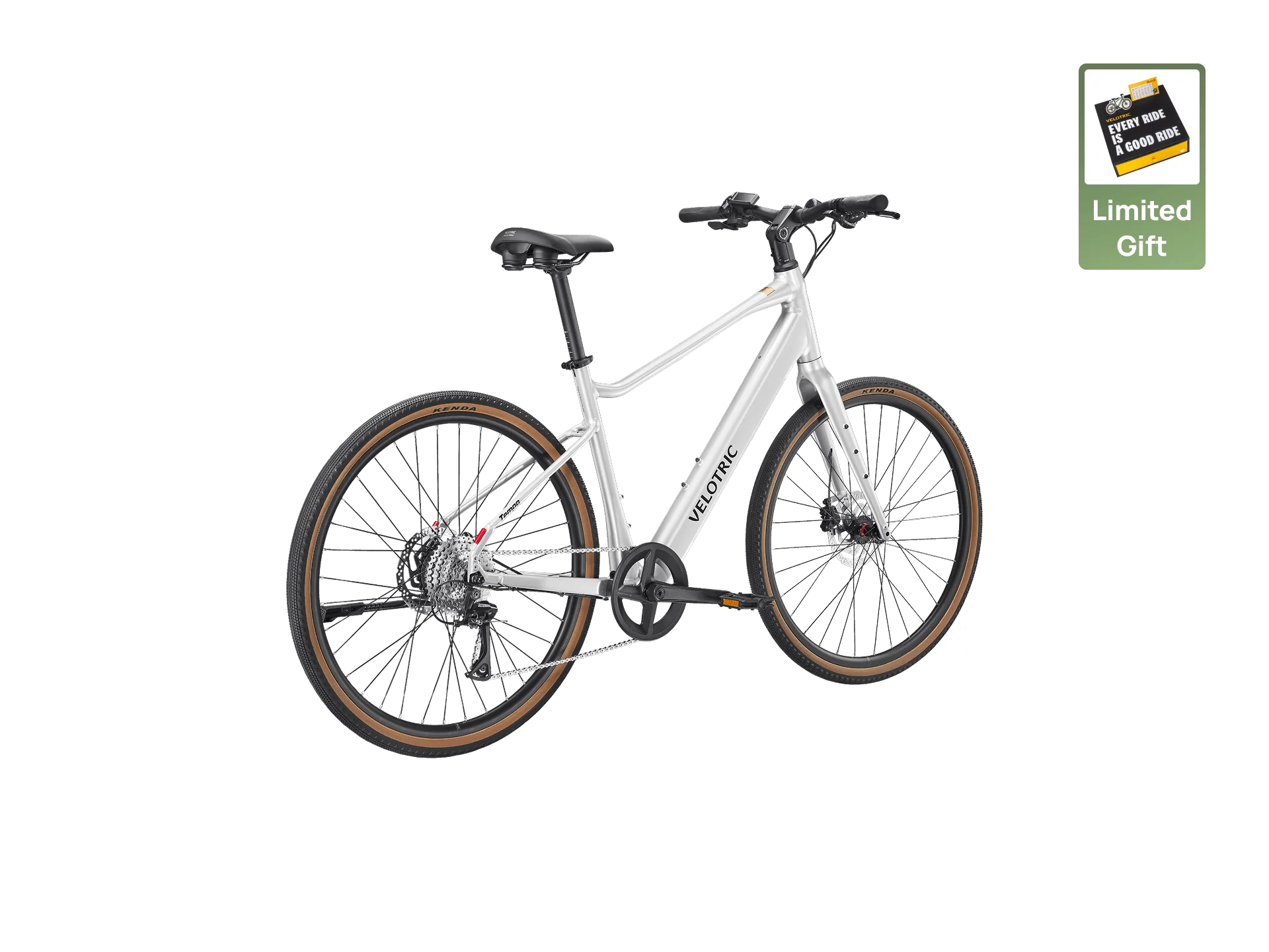 A white Velotric Tempo hybrid eBike by Velotric with brown tires, disc brakes, and rear derailleur is shown on a white background. A free limited gift icon appears in the corner.