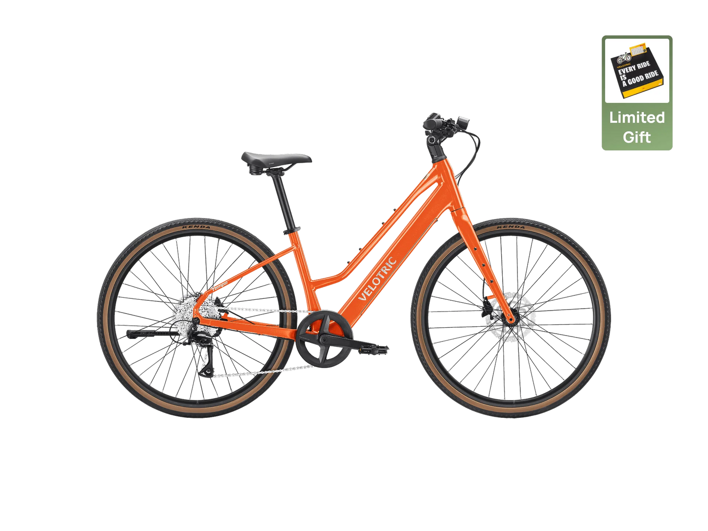 The Velotric Tempo, an orange step-through electric bike by Velotric, features a black seat, brown tires, and advanced torque-sensing technology. Displayed on white with a "Limited Gift" Amazon gift card badge in the top right corner.