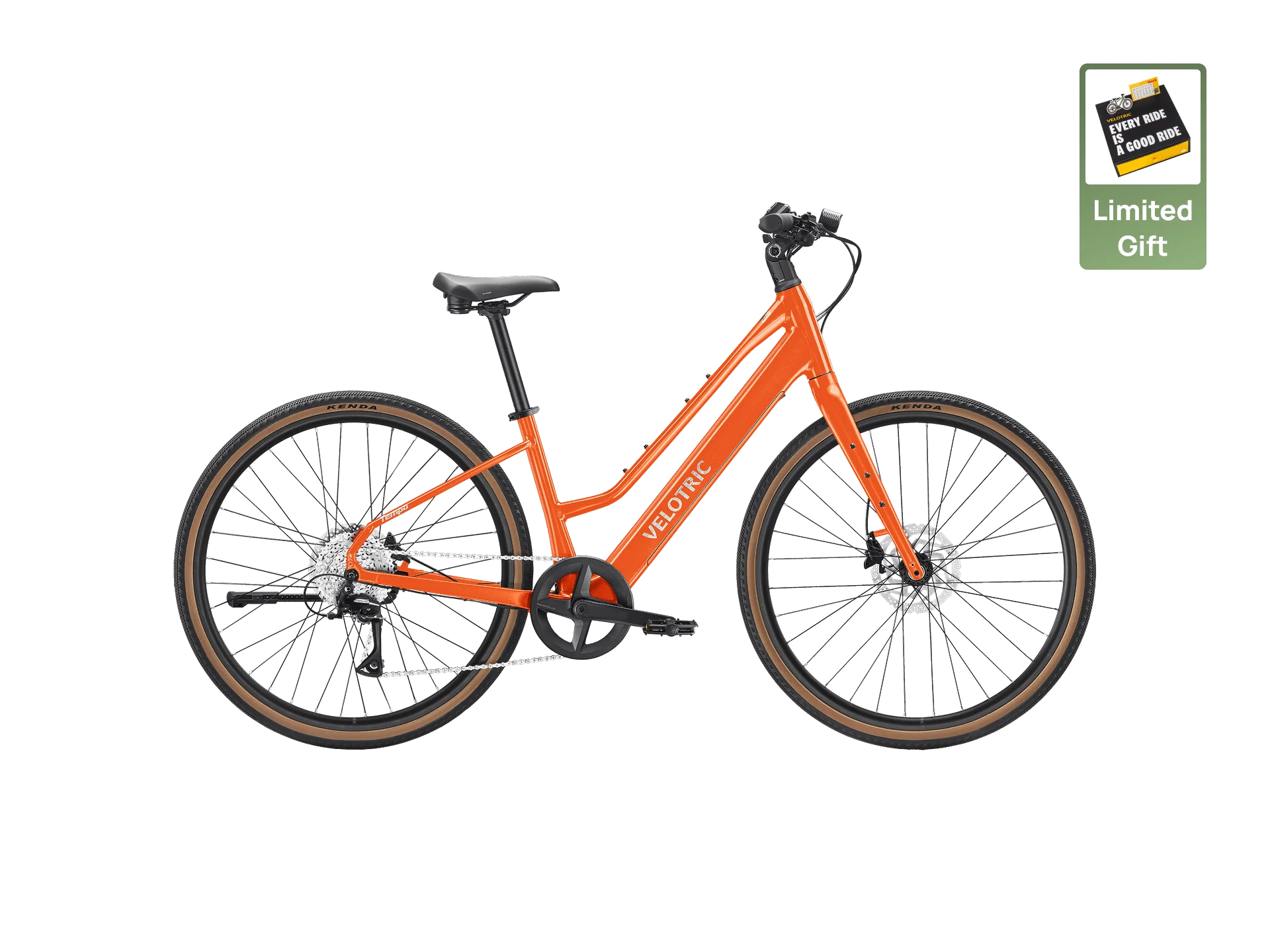 The Velotric Tempo, an orange step-through electric bike by Velotric, features a black seat, brown tires, and advanced torque-sensing technology. Displayed on white with a "Limited Gift" Amazon gift card badge in the top right corner.