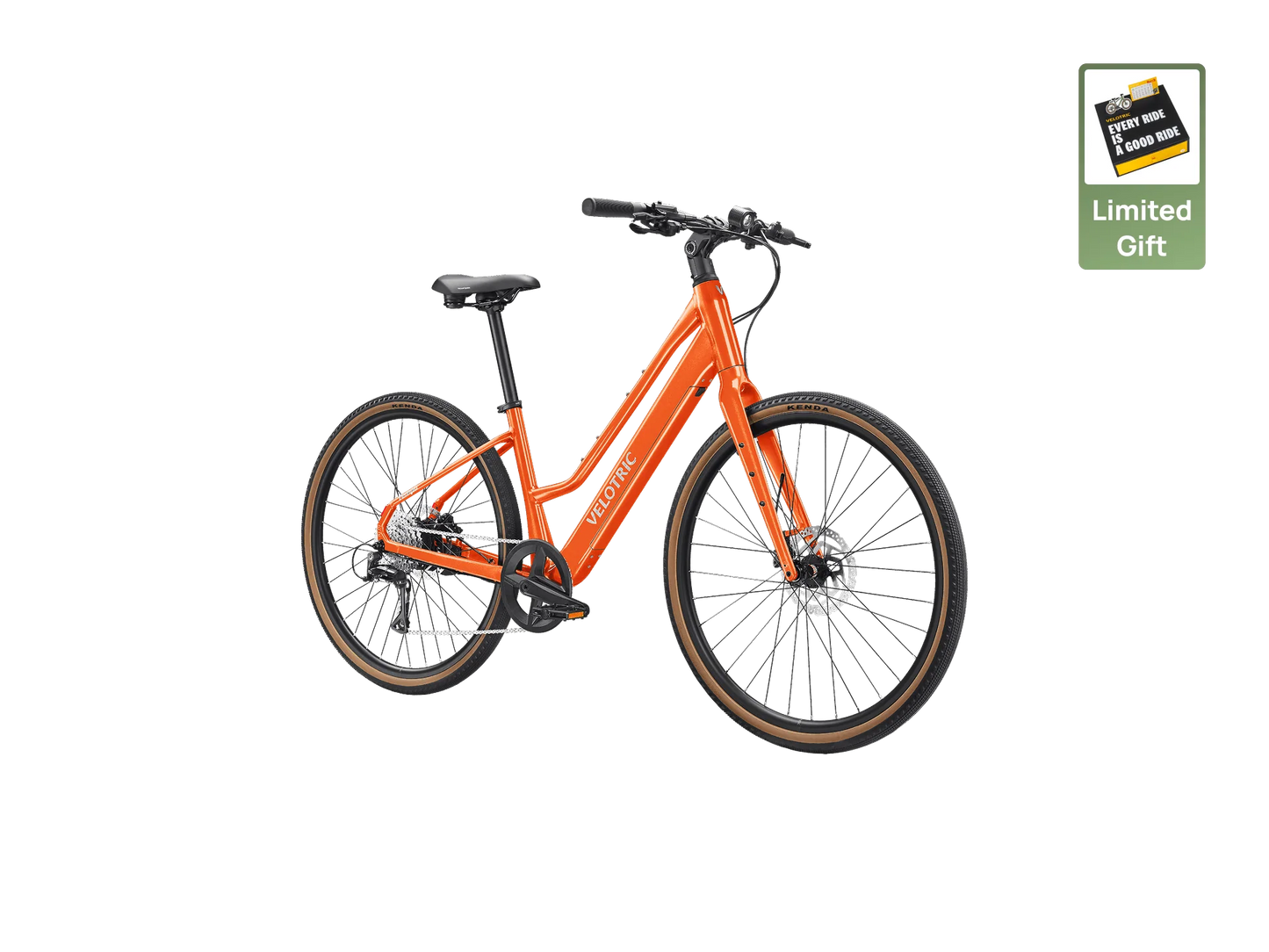 The Velotric Tempo electric bike in orange with a step-through frame, black seat, and handlebars is displayed on a white background. A “Limited Gift” sign featuring a gift card icon appears in the top right corner.
