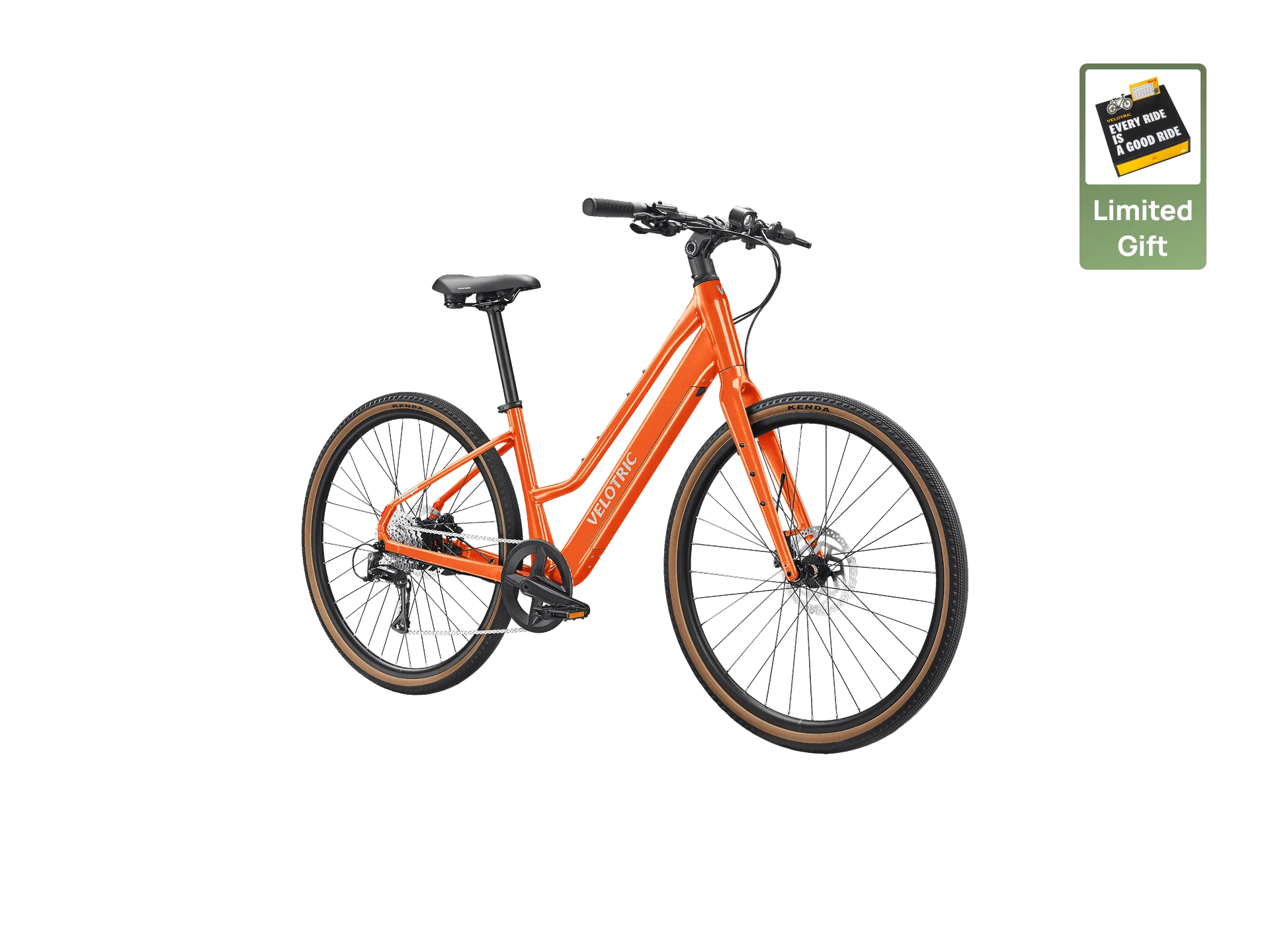 The Velotric Tempo electric bike in orange with a step-through frame, black seat, and handlebars is displayed on a white background. A “Limited Gift” sign featuring a gift card icon appears in the top right corner.