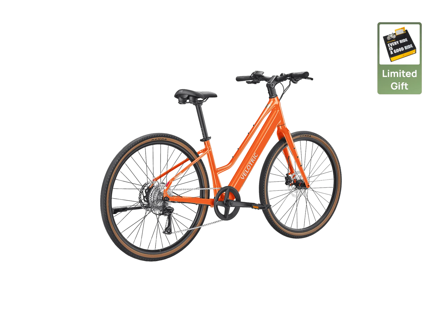 The Velotric Tempo, a step-through electric bike in orange, is pictured on a white background with a badge promoting a limited gift card offer. Enjoy smooth rides with Velotric's advanced torque-sensing technology.