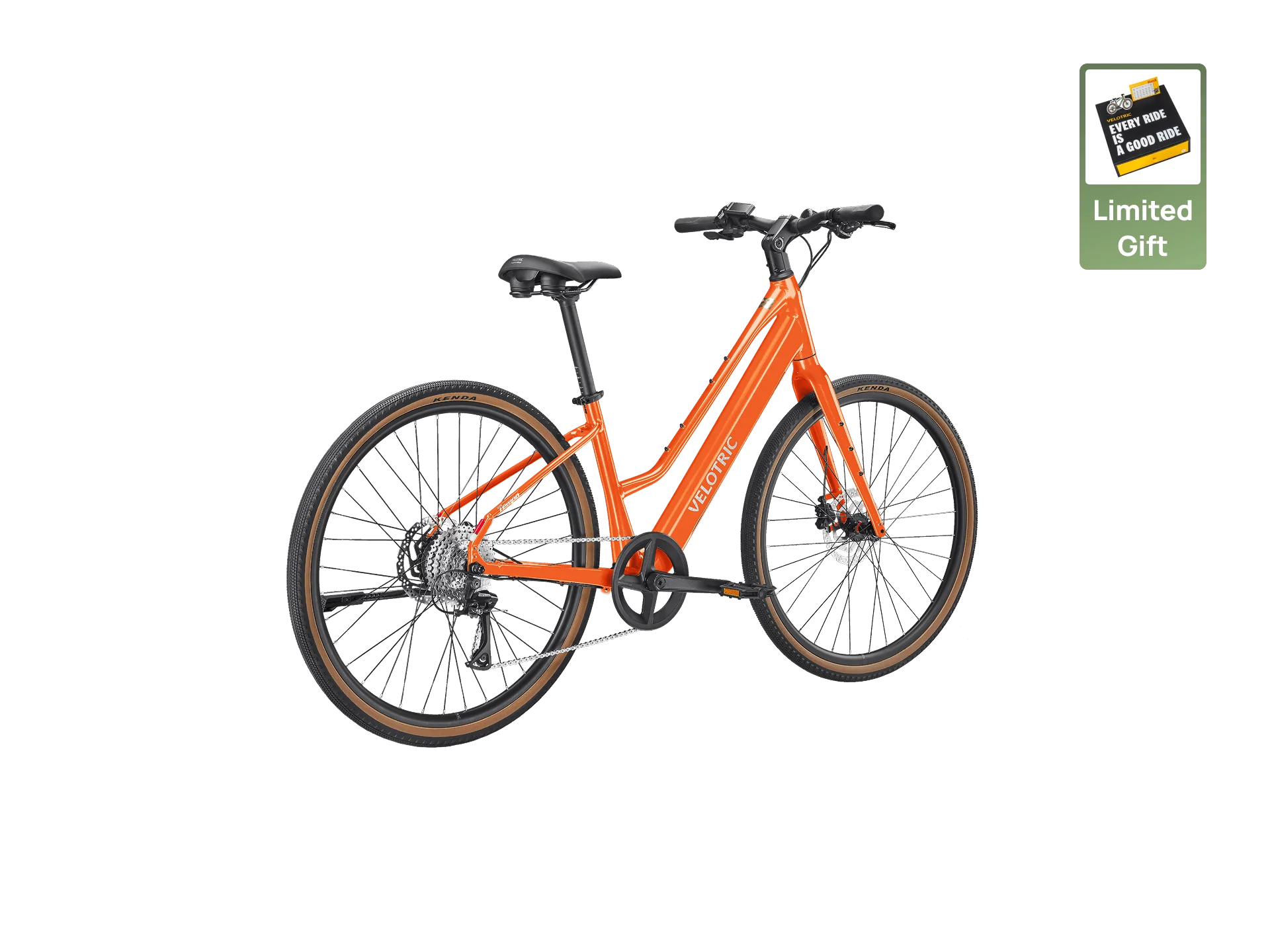 The Velotric Tempo, a step-through electric bike in orange, is pictured on a white background with a badge promoting a limited gift card offer. Enjoy smooth rides with Velotric's advanced torque-sensing technology.