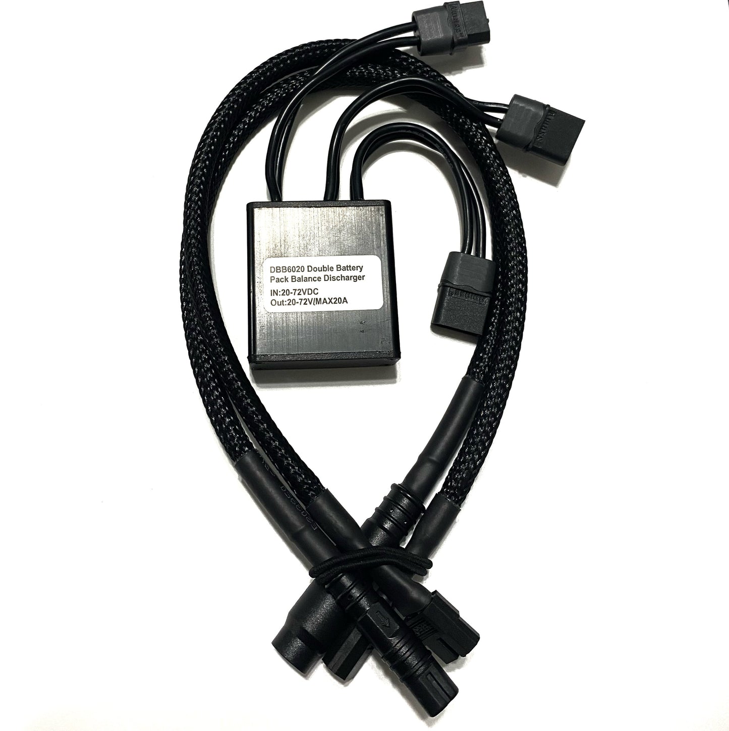 The ElectricAllWheel 20A Dual Battery Discharge Balancer Kit features braided cables, multiple connectors, and voltage labels—perfect for Rad, Himiway, Magicycle, Addmotor e-bikes or any dual battery setup.