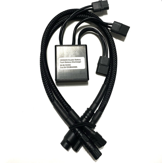 The ElectricAllWheel 20A Dual Battery Discharge Balancer Kit features braided cables, multiple connectors, and voltage labels—perfect for Rad, Himiway, Magicycle, Addmotor e-bikes or any dual battery setup.
