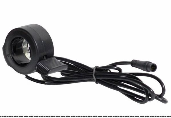 A black Sonders X Thumb Throttle with a 6 pin HIGO plug and cable, coiled neatly.