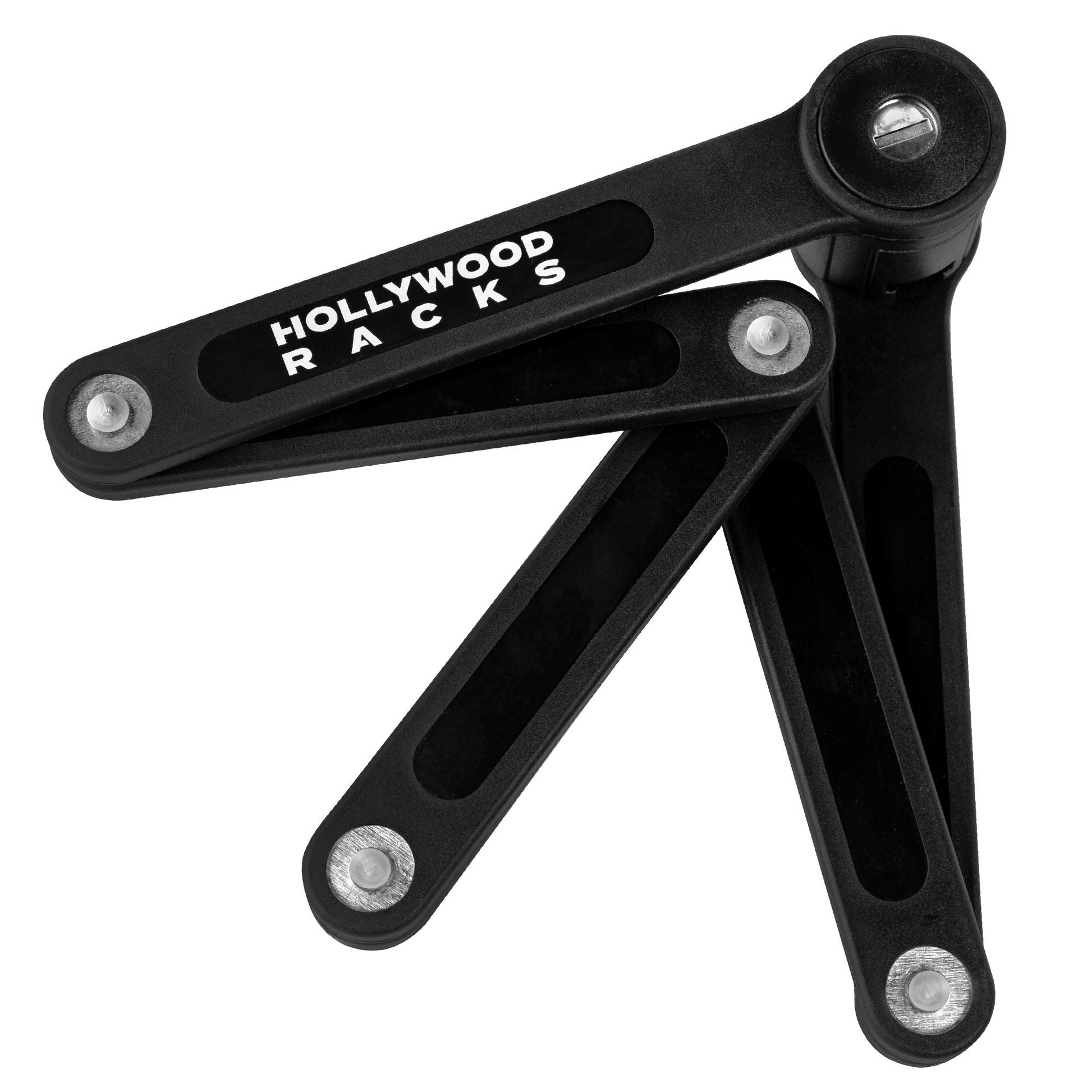 The Hollywood Racks Lock - Hollywood Folding, a black bike lock with multiple foldable arms and silver bolts at the pivot points, ensures high-security bike lock performance.