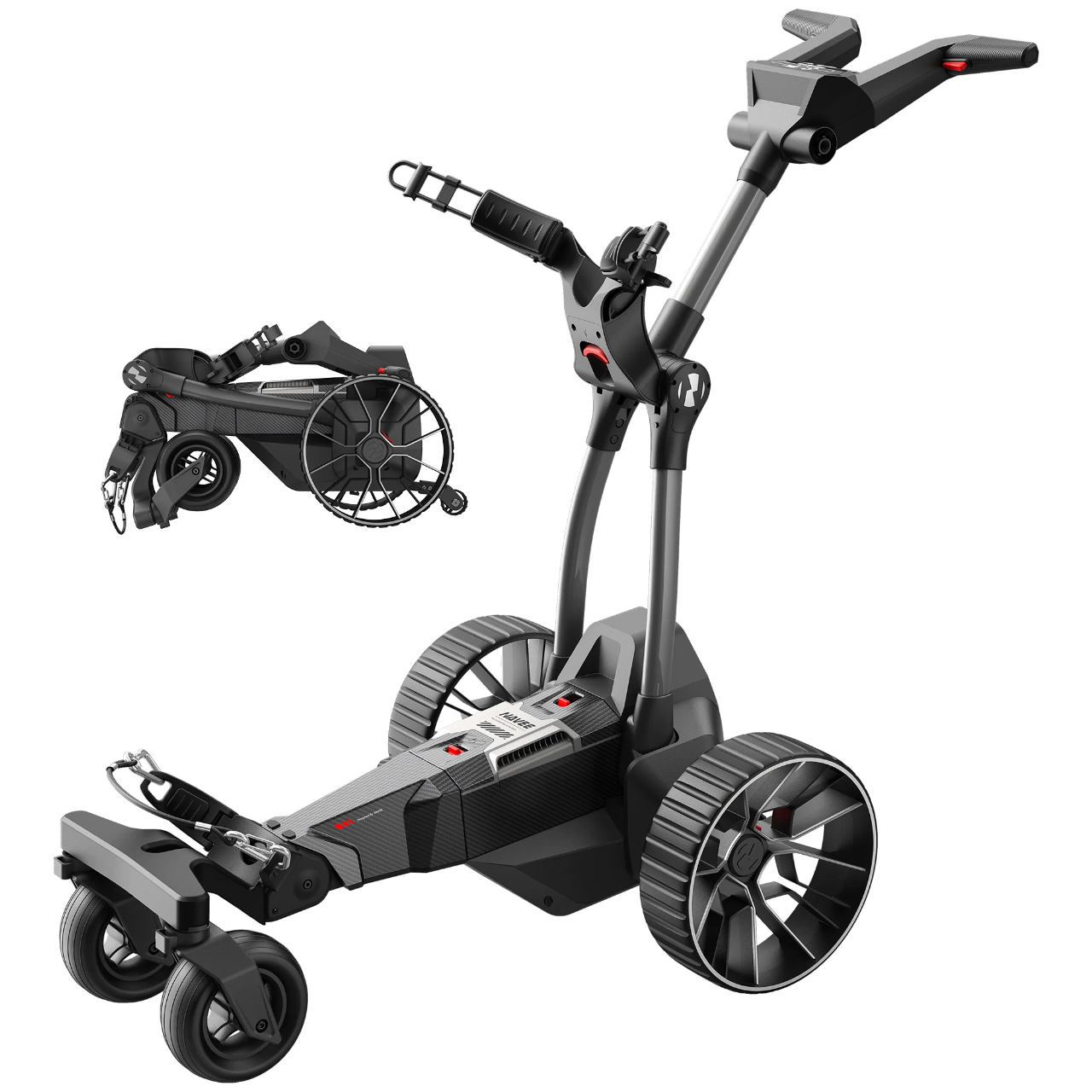 The Navee Birdie 3X by Navee, a black three-wheeled electric golf push cart ideal for Tampa Bay golf, is shown assembled in the foreground and folded for storage in the background.