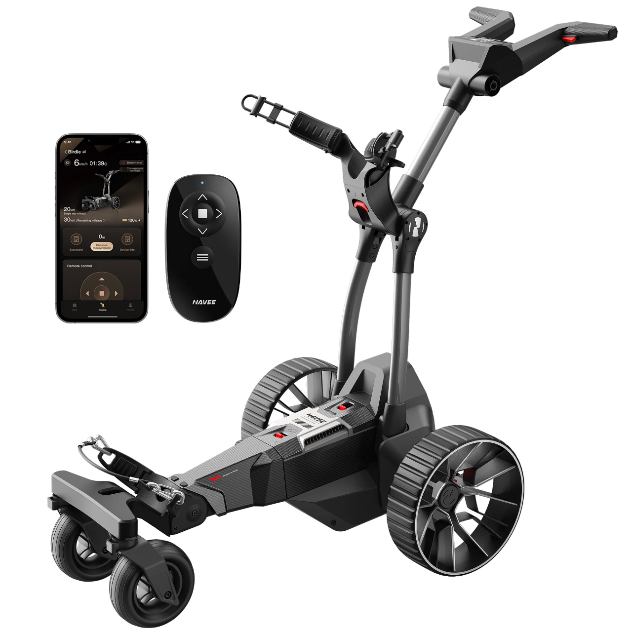 The Navee Birdie 3X by Navee features large wheels, remote control, and a smartphone app—ideal for Tampa Bay golf fans wanting a convenient auto-follow electric golf push cart experience.