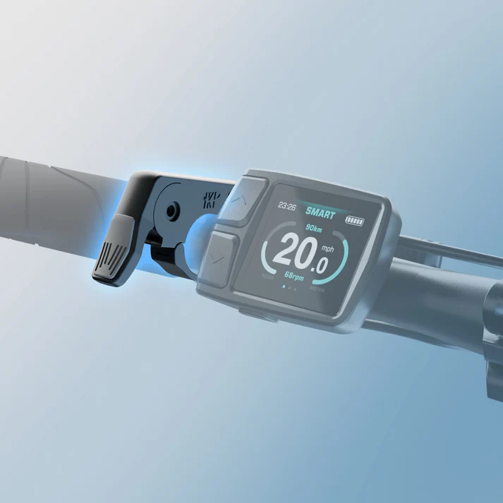 Close-up of the Urtopia Throttle - Fold ST electric scooter handlebar, showing its display with speed, mileage, battery level, and a left-side thumb throttle for quick acceleration.