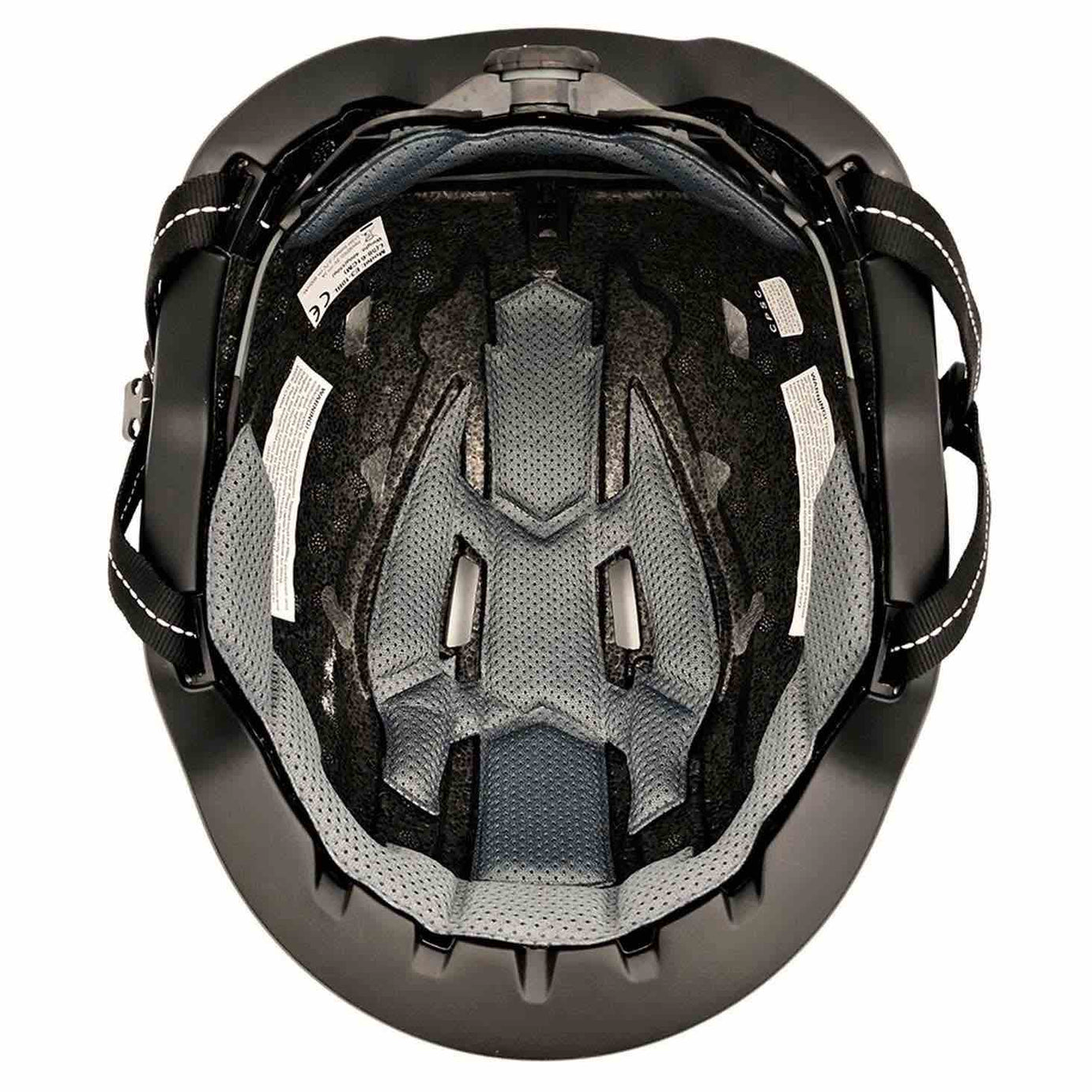 Interior view of a CPSC certified XNITO black e-bike helmet showing padding and straps.