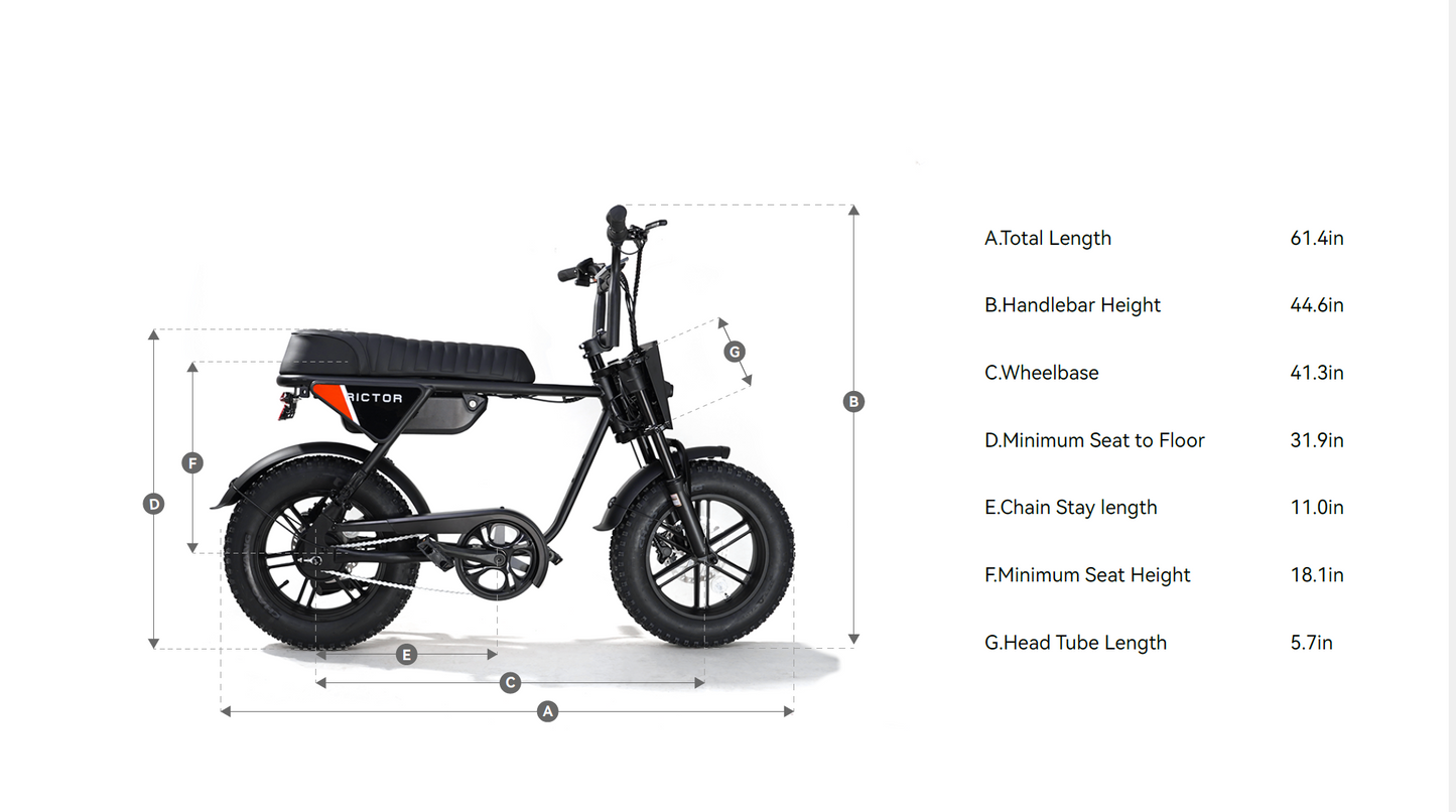 Side view of the Rictor - Flexx moped-style electric bike by Rictor, with labeled measurements for total length, handlebar height, wheelbase, seat height, chain stay height, minimum seat height, and head tube length; features a powerful 750W motor.
