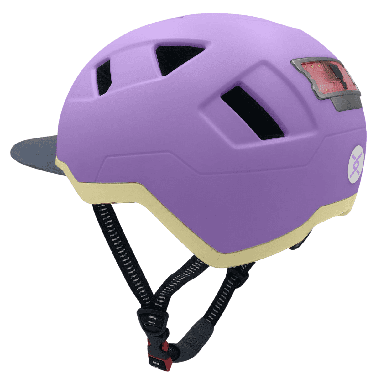 The lavender Helmet XNITO - Old School by XNITO has a visor, adjustable black chin straps, and ventilation openings. It's dual certified for safety and features LED lights plus a red rear light.