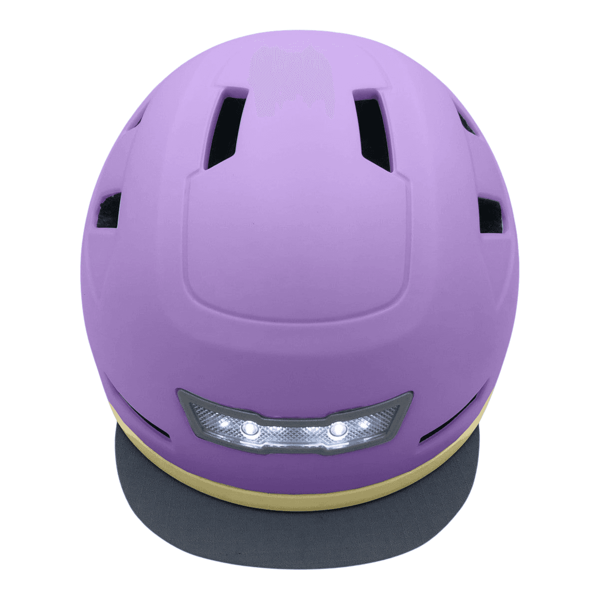 The XNITO Helmet XNITO - Old School - Lavender is a purple e-bike helmet featuring a visor and built-in LED front lights, meeting top safety standards.