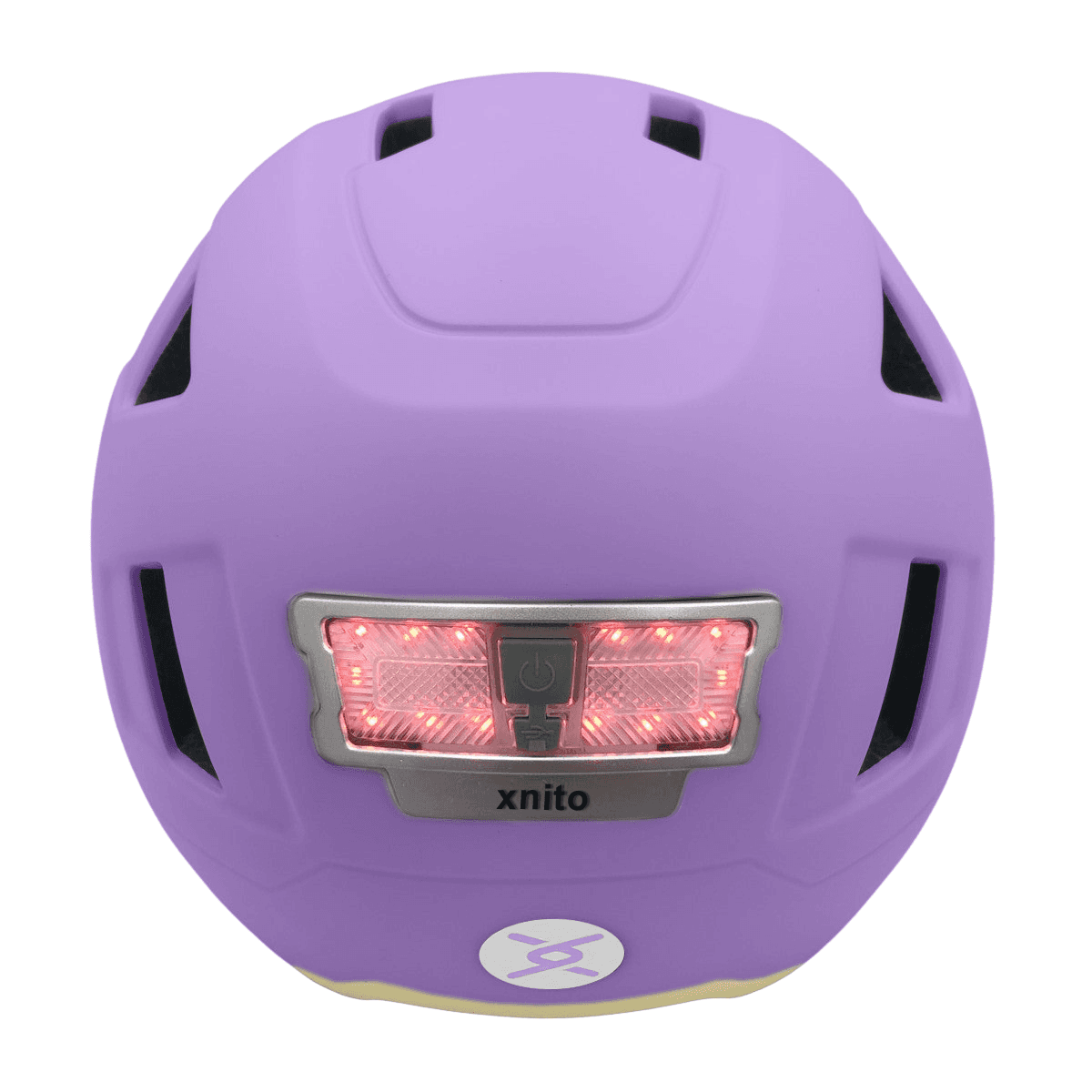 The Lavender Helmet XNITO - Old School e-bike helmet includes a rear LED light, ventilation slots, and prominently displays the XNITO brand below the light, maintaining top safety standards.