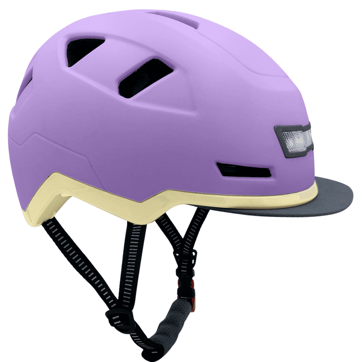 Helmet XNITO - Old School - Lavender by XNITO features a black visor, ventilation holes, an adjustable chin strap, and meets top safety standards.