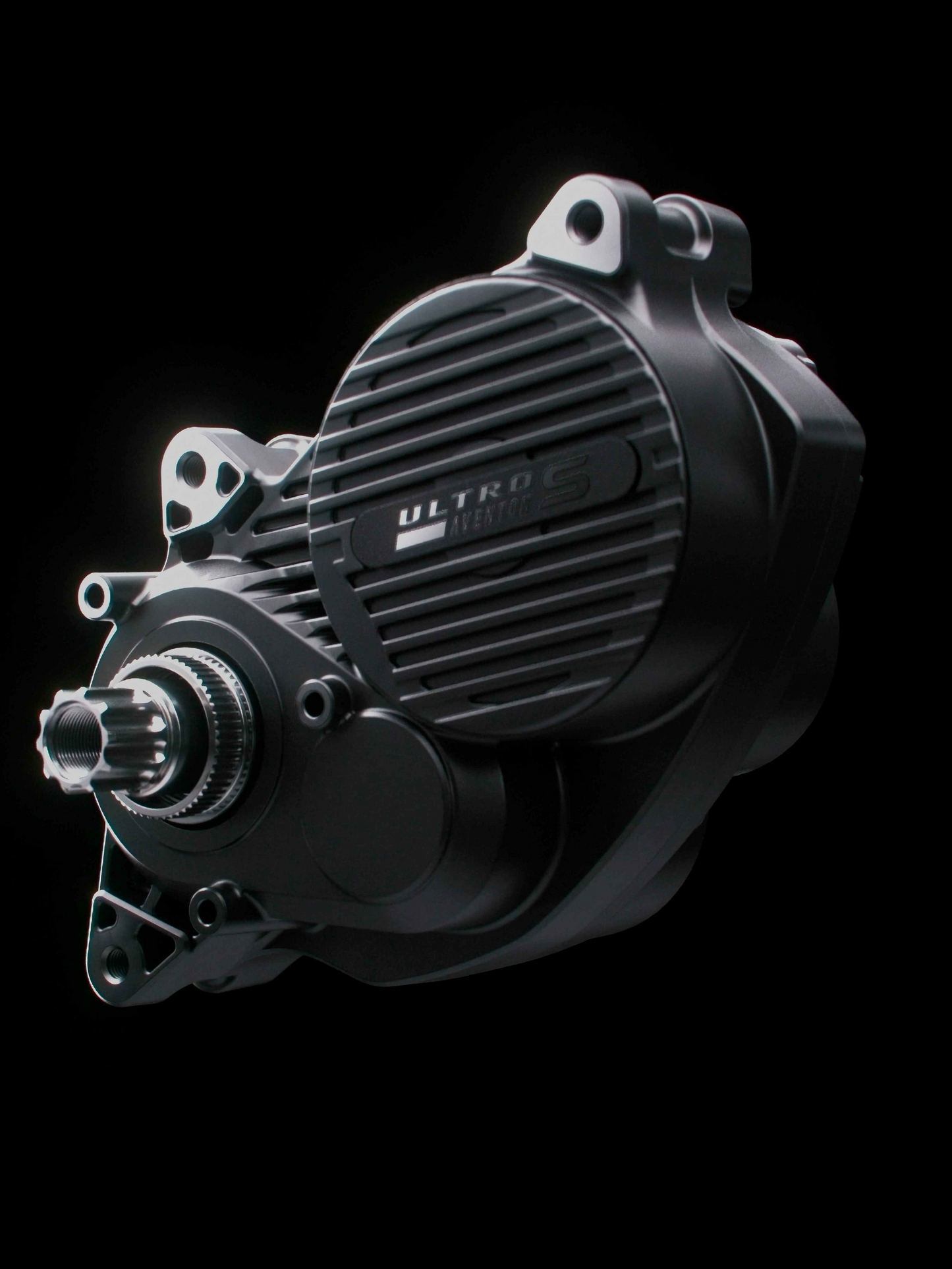 A close-up of an Aventon Level 4 ADV mid-drive electric bike motor against a black background, highlighting Aventon's advanced technology perfect for commuter eBike enthusiasts.